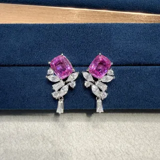 Vivid Pink Cushion-Cut Gemstone Leaf Cluster Drop Earrings