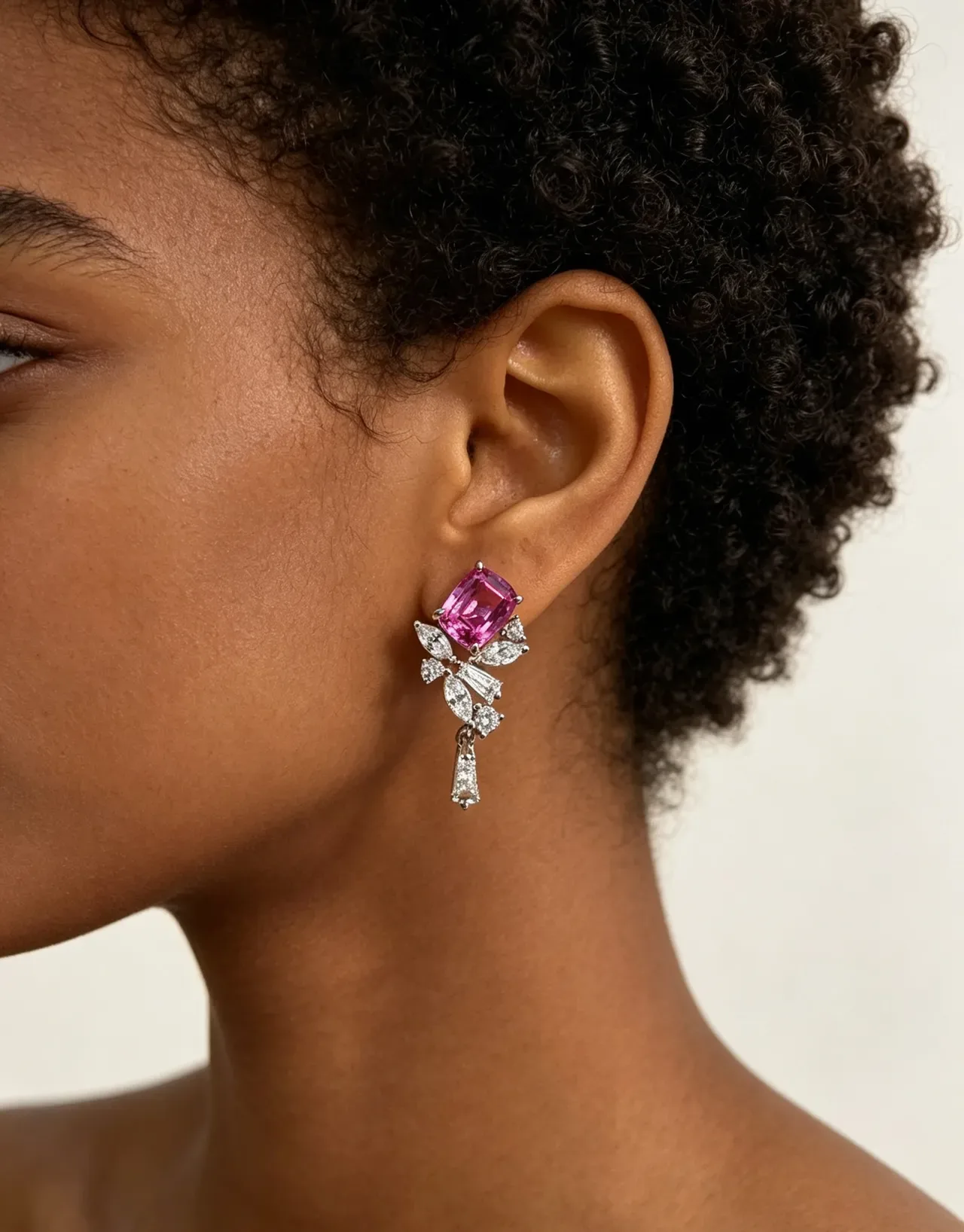 Pendientes colgantes racimo de hojas gemas talla cojín rosa vivo 2