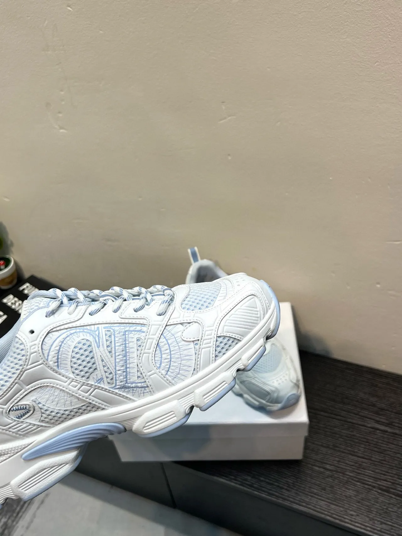 White and Light Blue Geometric Overlay Chunky Sneakers 9