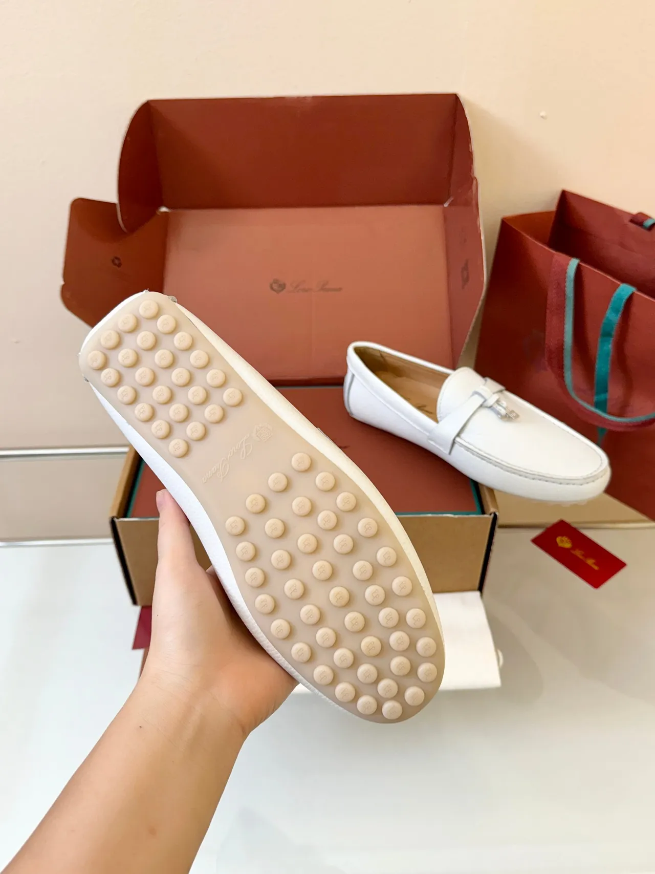 White Beige Pebbled Leather Moccasin-Stitched Sole Loafer 5