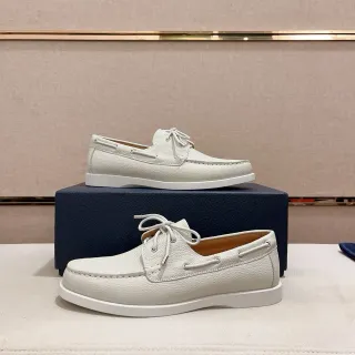White Pebbled Leather Lace-Up Boat Shoes