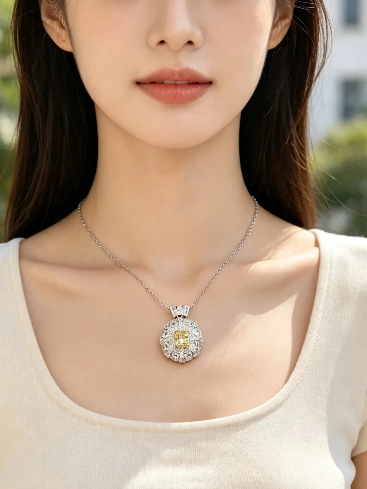 Yellow Silver Halo Cluster Pendant Multi-Stone Setting Necklace 7