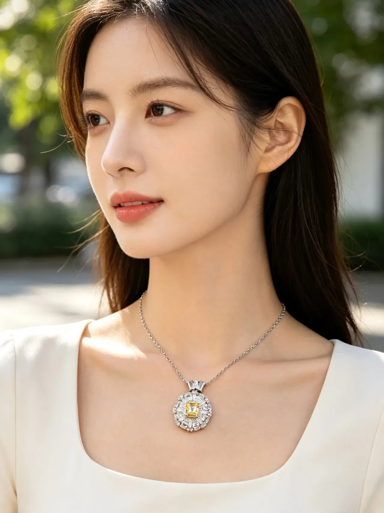 Yellow Silver Halo Cluster Pendant Multi-Stone Setting Necklace 8