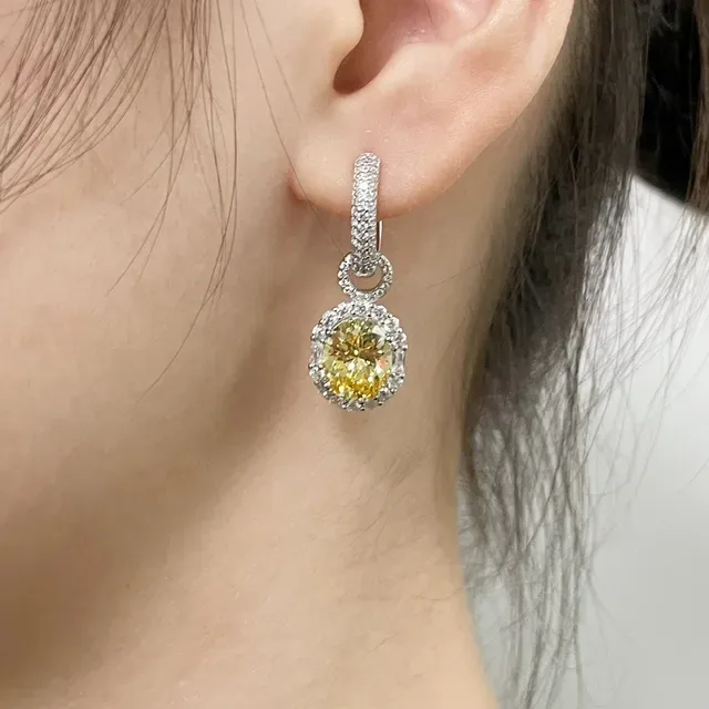 Yellow White Oval-Cut Central Stone Pavé Halo Setting Earrings 8
