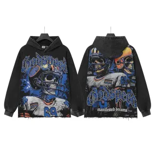 Godspeed Black Blue Oversized Fit Distressed Stone-Washed Fabric Hoodie