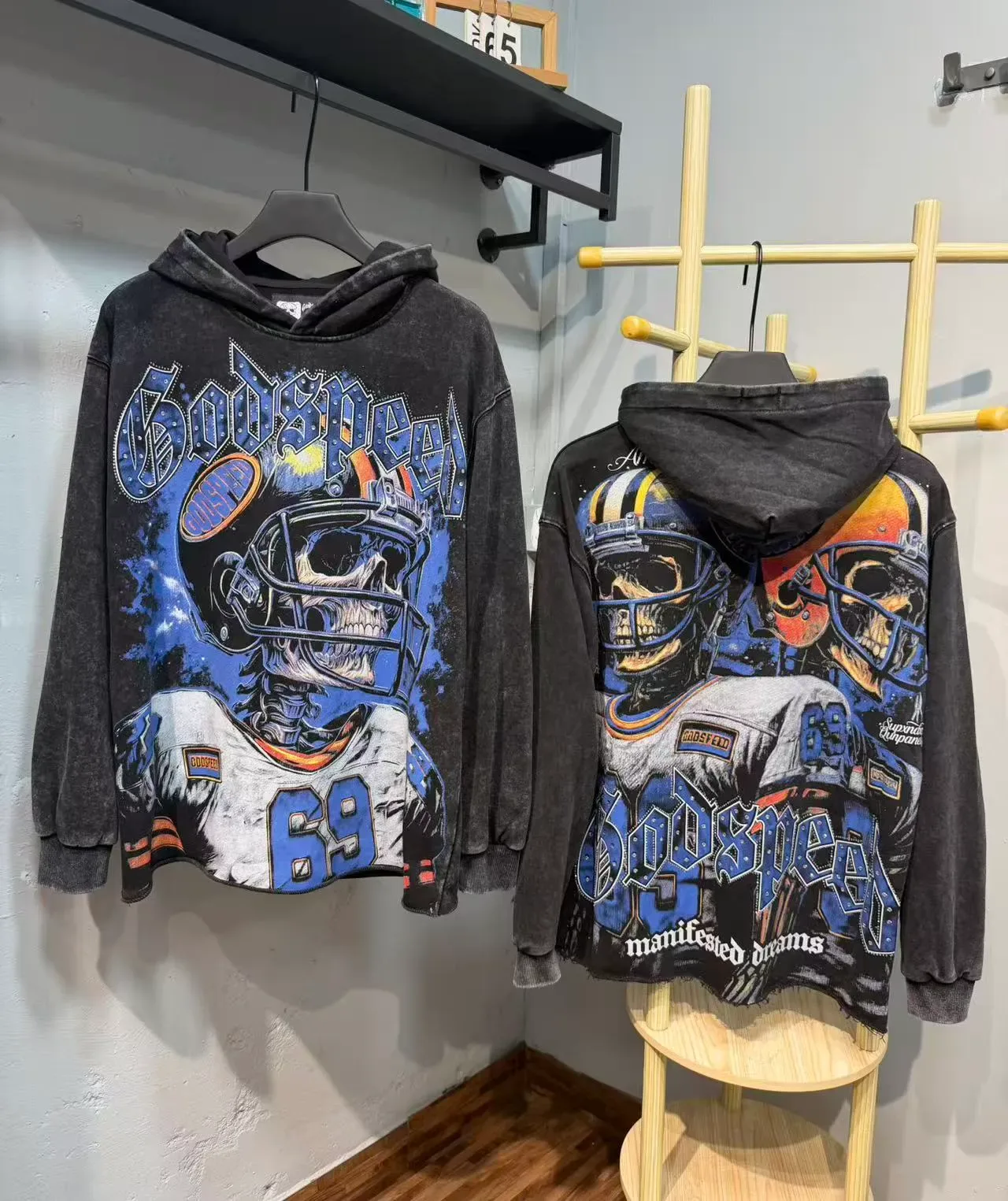 Godspeed Black Blue Oversized Fit Distressed Stone-Washed Fabric Hoodie 4