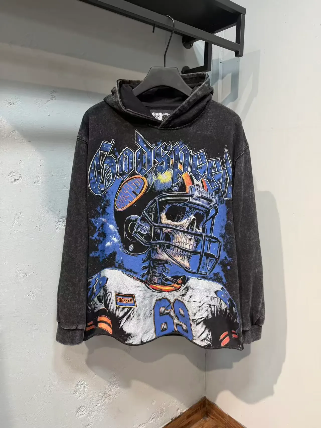 Godspeed Black Blue Oversized Fit Distressed Stone-Washed Fabric Hoodie 5