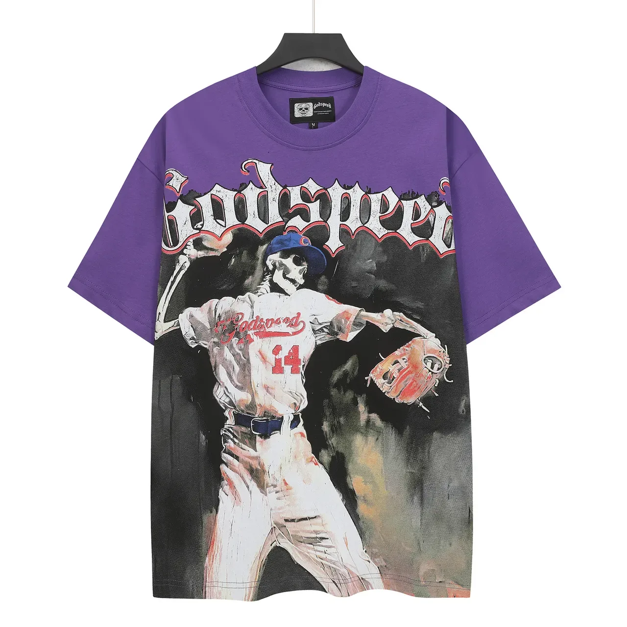 T-shirt violet Godspeed imprimé graphique squelette baseball 2