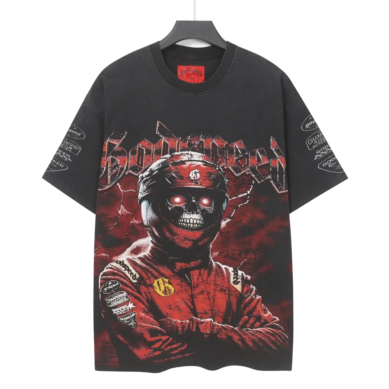 Camiseta gráfica Godspeed Skull Racer desgastada preta e vermelha 2