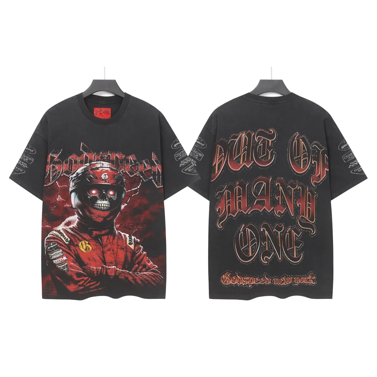 Camiseta gráfica Godspeed Skull Racer desgastada preta e vermelha 4