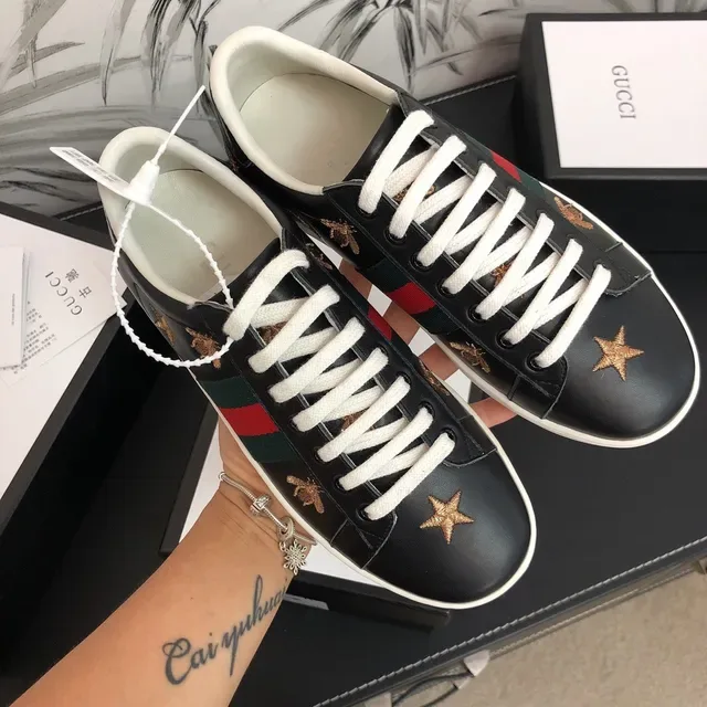 Gucci Ace কালো চামড়ার সিলাই করা মৌমাছি ও তারা লাইফস্টাইল স্নিকার্স 8