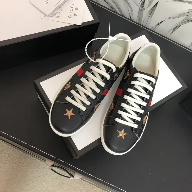 Gucci Ace কালো চামড়ার সিলাই করা মৌমাছি ও তারা লাইফস্টাইল স্নিকার্স 9
