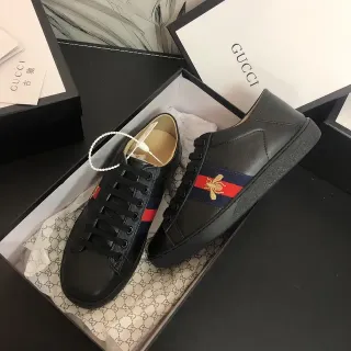 Gucci Ace Cuero Negro Rayas Web Bordado de Abeja Zapatillas Lifestyle