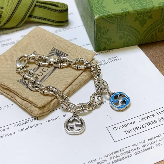 Gucci Bamboo Charm Silver Blue Chain Dual GG Charms Bracelet 3