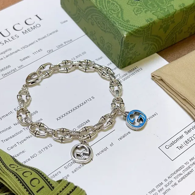 Gucci Bamboo Charm Silver Blue Chain Dual GG Charms Bracelet 6