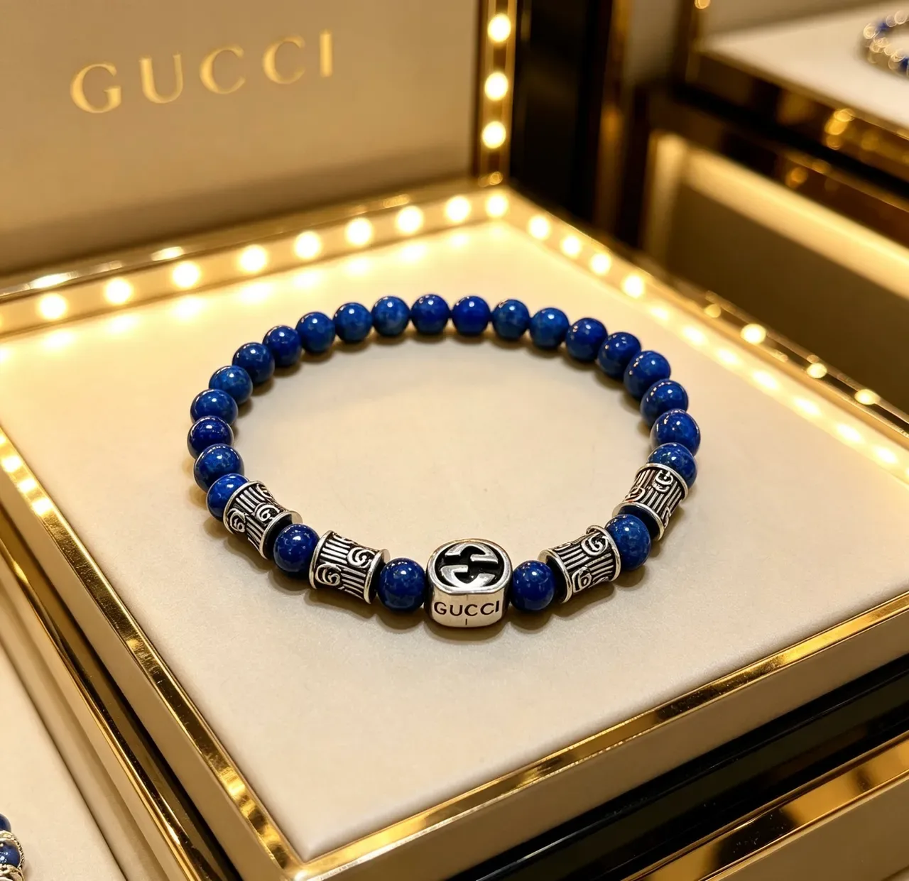 Gucci Beaded Lapis Lazuli and Silver-Tone Interlocking G Bracelet 6