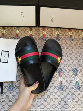 Gucci Bee-Embellished Web Stripe Slide Black Green Leather-Like Upper Strap Slippers 8