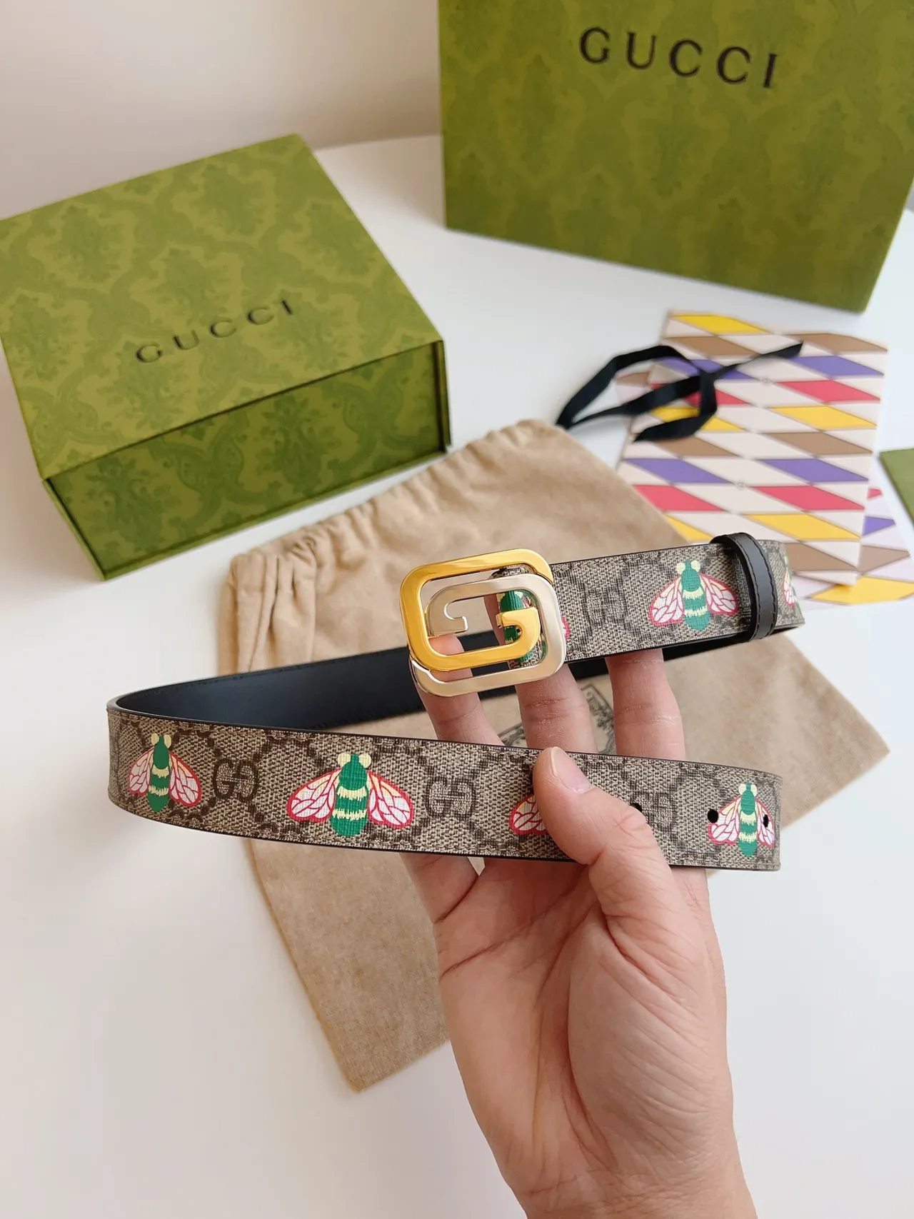 Gucci Beige Black GG Monogram Canvas Embroidered Bee Motif Leather Belt 2