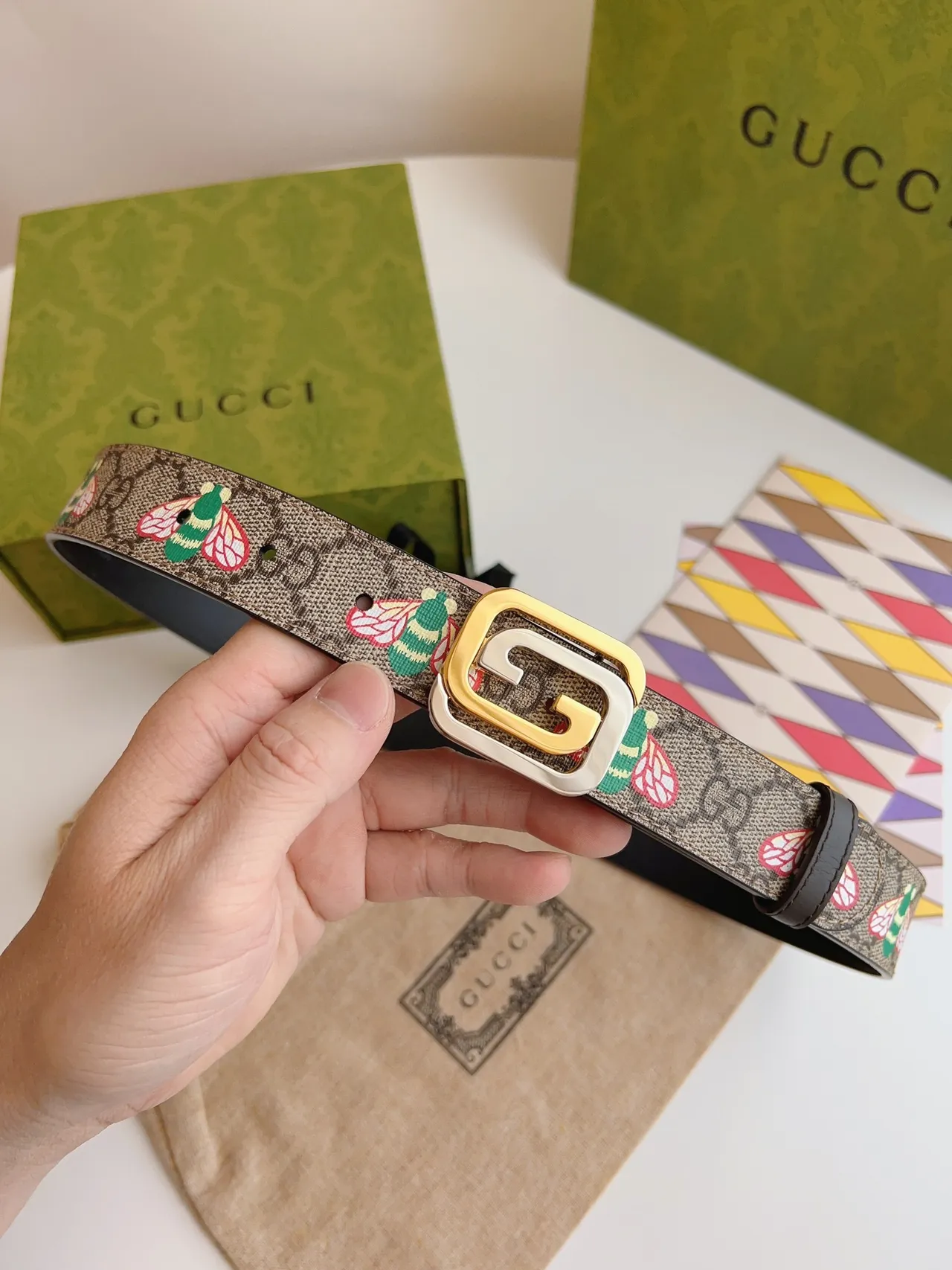 Gucci Beige Black GG Monogram Canvas Embroidered Bee Motif Leather Belt 3