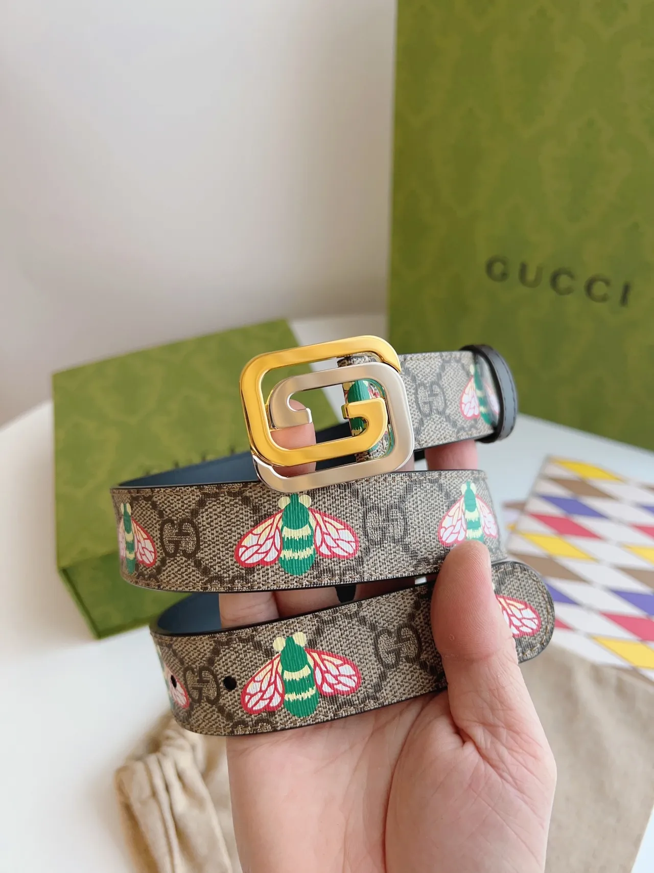 Gucci Beige Black GG Monogram Canvas Embroidered Bee Motif Leather Belt 4