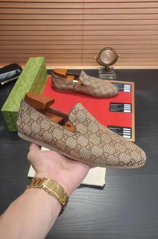 Gucci Bege Marrom GG Tecido Jacquard Mocassim Slip-On 4