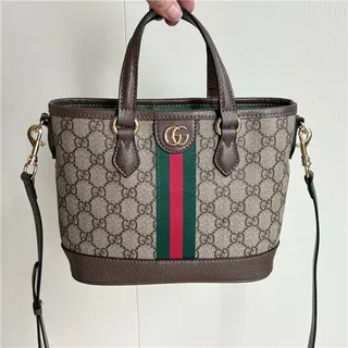 Gucci Beige Brown GG Monogram Canvas Web Stripe Accent Bucket Bag 18