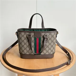 Gucci Beige Brown GG Monogram Canvas Web Stripe Accent Bucket Bag 20