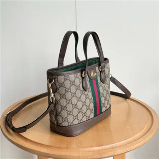 Gucci Beige Brown GG Monogram Canvas Web Stripe Accent Bucket Bag 21
