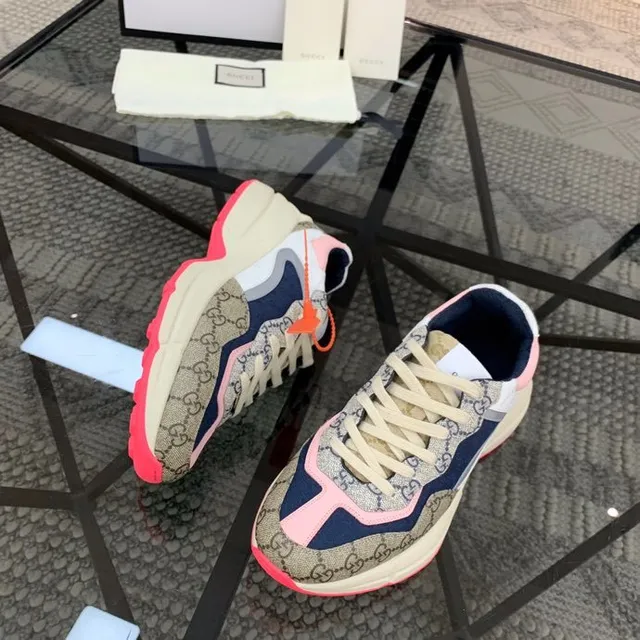 Gucci Beige Navy Platform Sole GG Monogram Canvas Chunky Sneakers 9