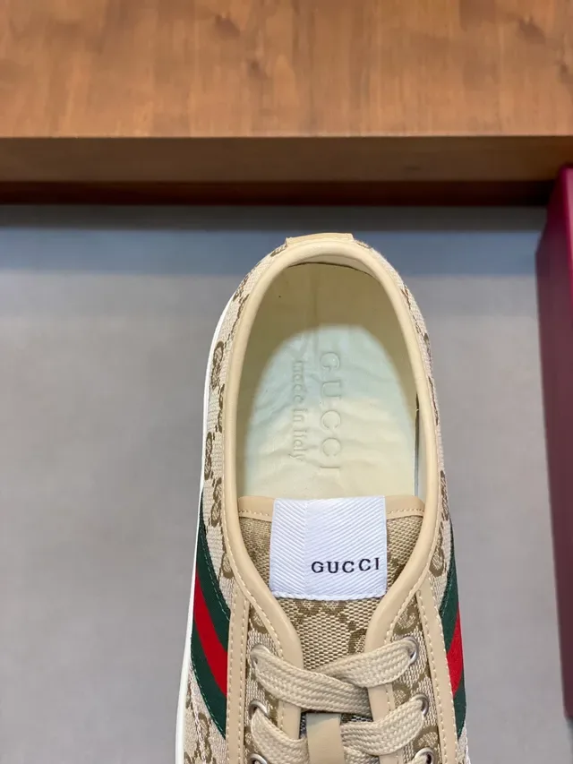 Gucci Beige Red GG Monogram Canvas Leather Toe Cap Lifestyle Sneakers 4