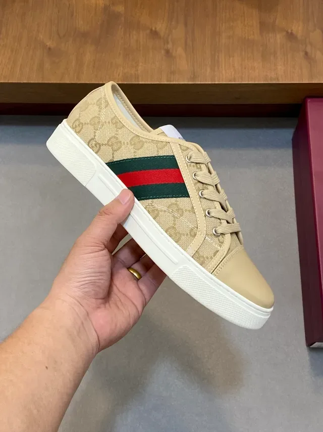 Gucci Beige Red GG Monogram Canvas Leather Toe Cap Lifestyle Sneakers 5