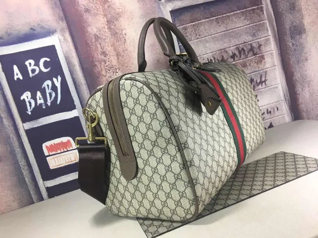 Gucci বেইজ লাল GG Monogram ক্যানভাস Web Stripe Boston Bag 9