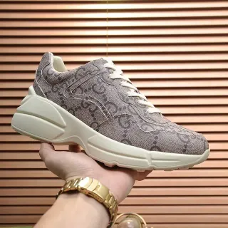 Gucci Beige White Monogrammed Textile Upper Layered Sole Chunky Sneakers