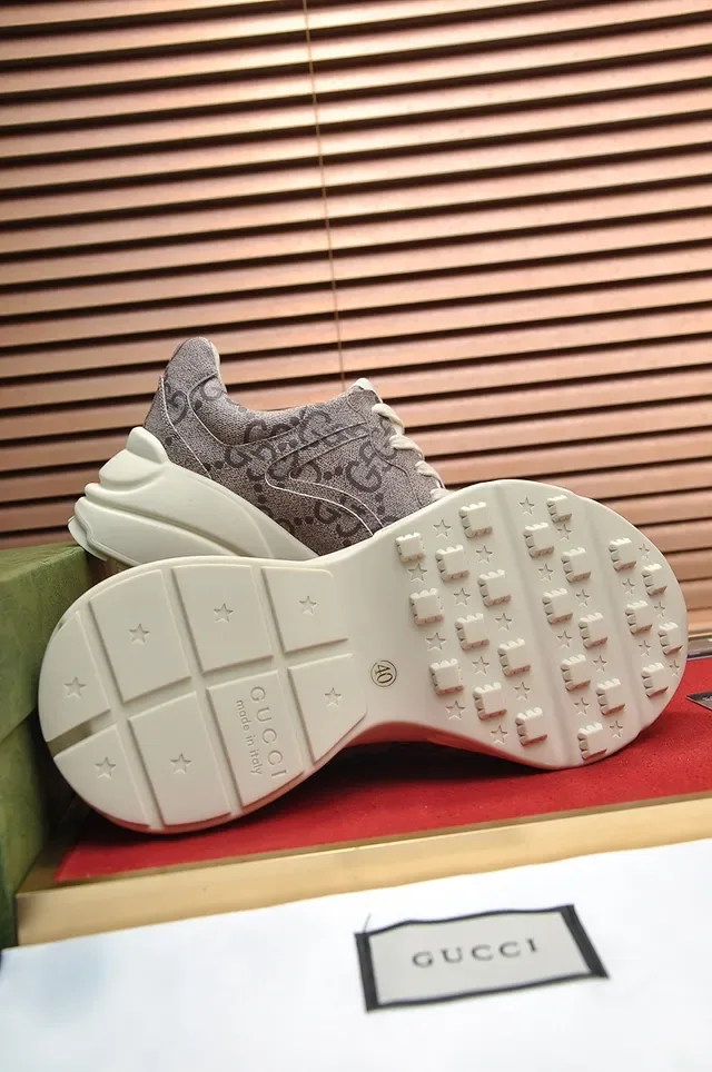 Gucci Beige White Monogrammed Textile Upper Layered Sole Chunky Sneakers 2