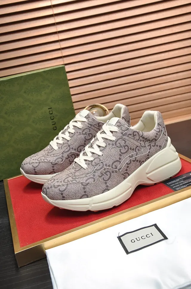 Gucci Beige White Monogrammed Textile Upper Layered Sole Chunky Sneakers 3