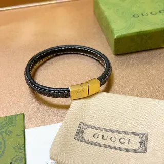 Gucci 黑金编织皮革磁扣手链