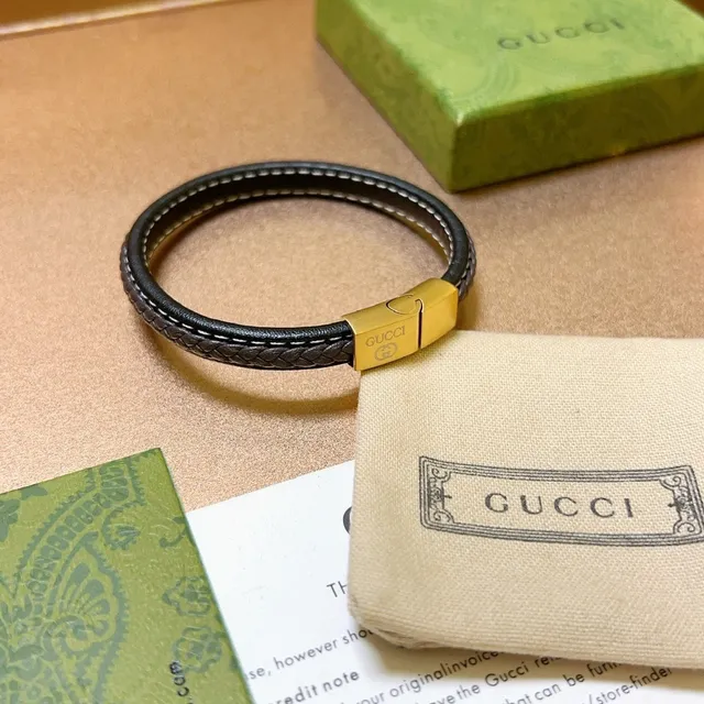 Gucci سوارة جلدية متشابكة أسود ذهبي مع إغلاق مغناطيسي 4