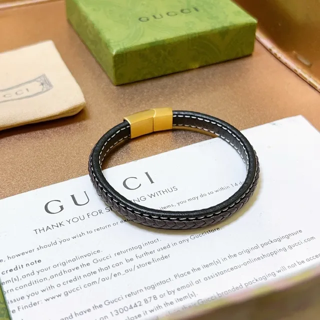 Gucci سوارة جلدية متشابكة أسود ذهبي مع إغلاق مغناطيسي 6