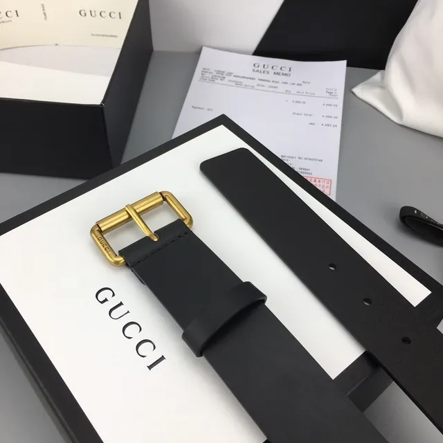 Gucci Black Gold Smooth Rectangular Buckle Leather Belt 8