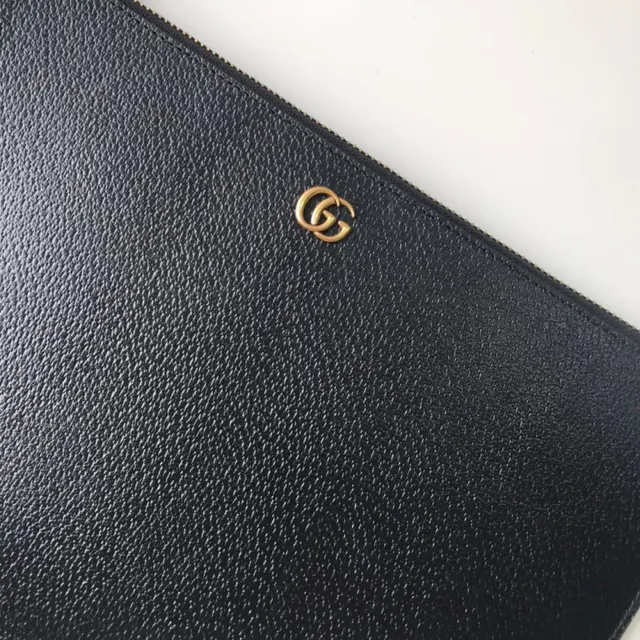 Gucci Black Gold Textured Pebbled Leather Interlocking G Logo Wristlet 6