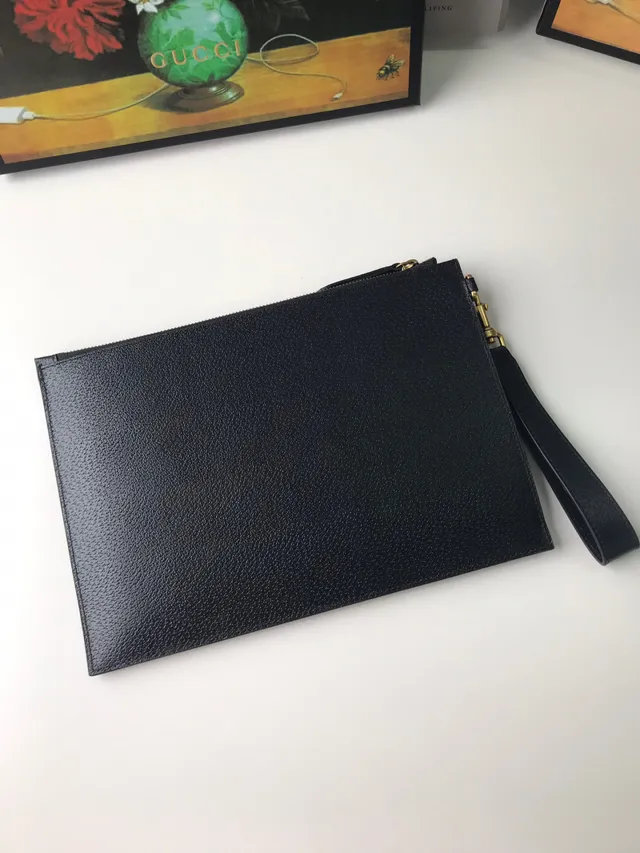 Gucci Black Gold Textured Pebbled Leather Interlocking G Logo Wristlet 8