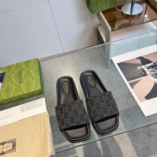 Gucci Negro Gris Suela Plana Correa GG Monogram Pantuflas