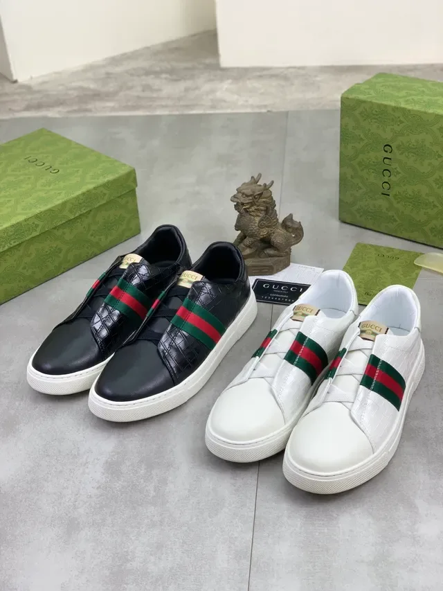 Gucci Negro Blanco Sin Cordones Slip-On Croc-Embossed Cuero Lifestyle Sneakers 2