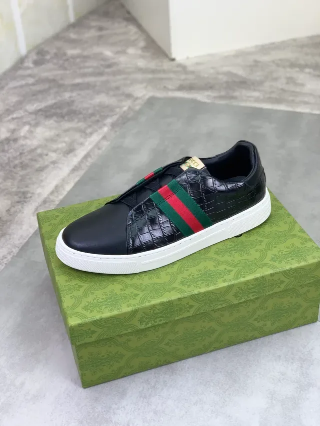 Gucci Negro Blanco Sin Cordones Slip-On Croc-Embossed Cuero Lifestyle Sneakers 5