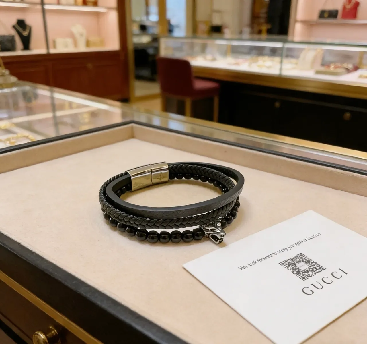 Gucci Pulsera de Cuero Trenzado y Cabeza de León con Perlas 3