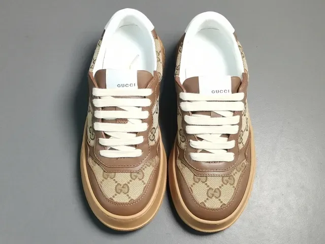 Gucci Marrom Bege GG Monograma Lona Couro Sobreposições Lifestyle Sneakers 3