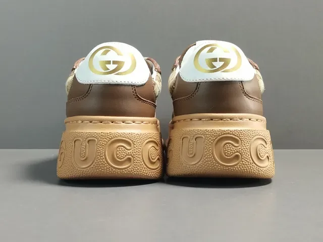 Gucci Marrom Bege GG Monograma Lona Couro Sobreposições Lifestyle Sneakers 18