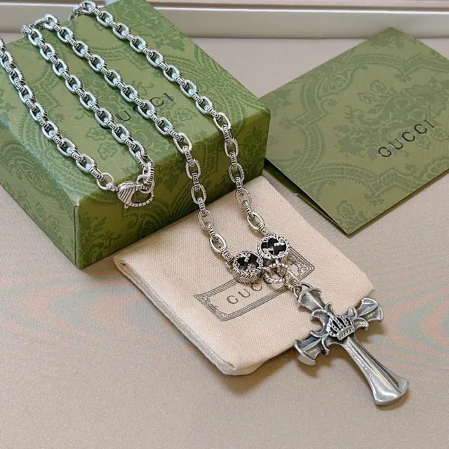 Gucci Cross Silver Black Ornate Pendant Necklace 6