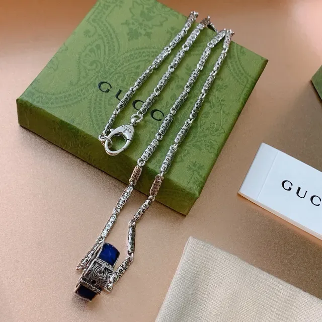 Gucci Dionysus Silver Blue Chain Link Ornate Engraved Pendant Necklace 5