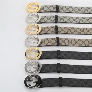Gucci Double G भूरी और काली मोनोग्राम कैनवास चमड़े की बेल्ट